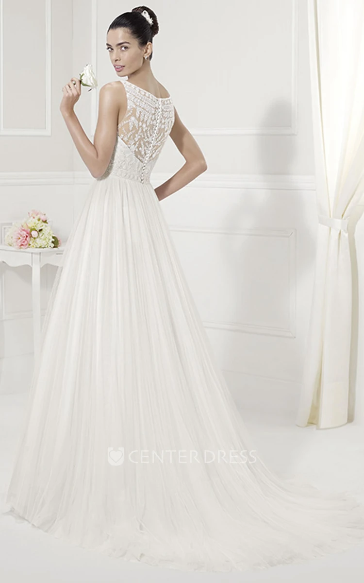 Jewel Neckline Appliqued Top Tulle Pleated Bridal Gown