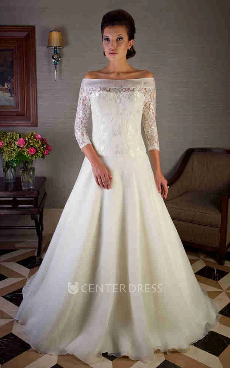 A-Line Off-The-Shoulder Long-Sleeve Long Organza Wedding Dress With Appliques And Illusion