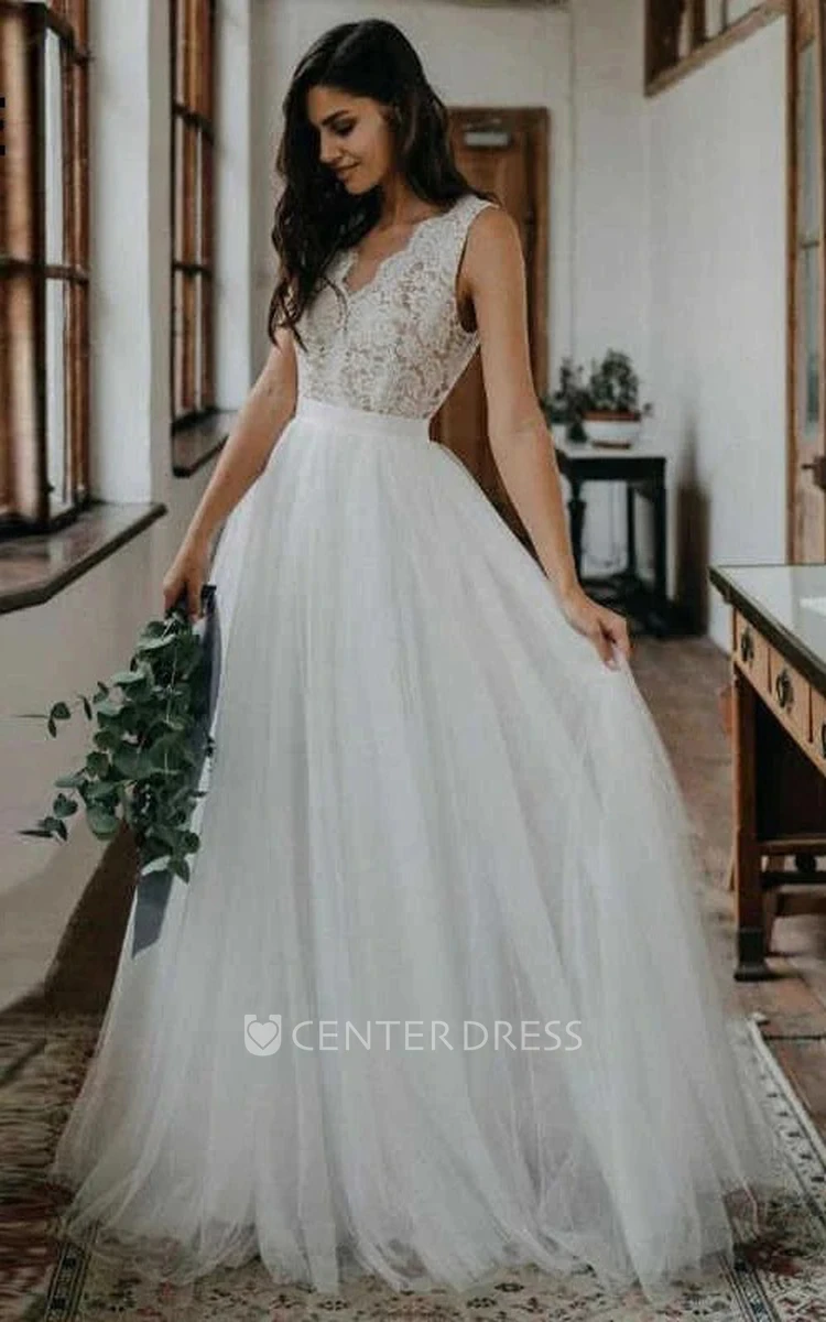 Bohemian Tulle Lace Scalloped V-neck Floor-length Sleeveless A Line Wedding Dress