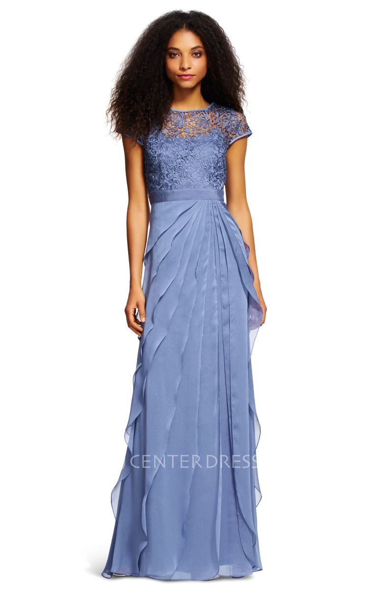Sheath Lace Scoop-Neck Short-Sleeve Floor-Length Chiffon Bridesmaid Dress With Draping