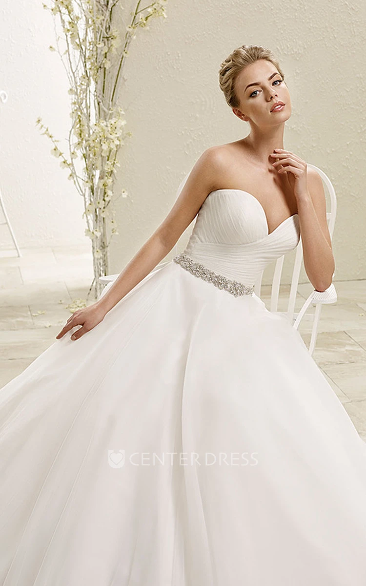 Ball Gown Caped Long Sweetheart Tulle Wedding Dress With Waist Jewellery And Criss Cross