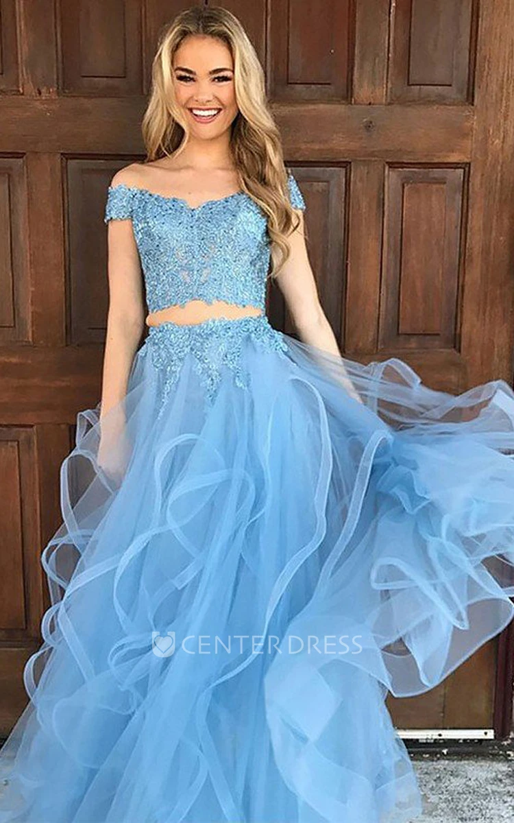 Two Piece Sleeveless Tulle Casual Evening Dress with Ruffles and Beading
