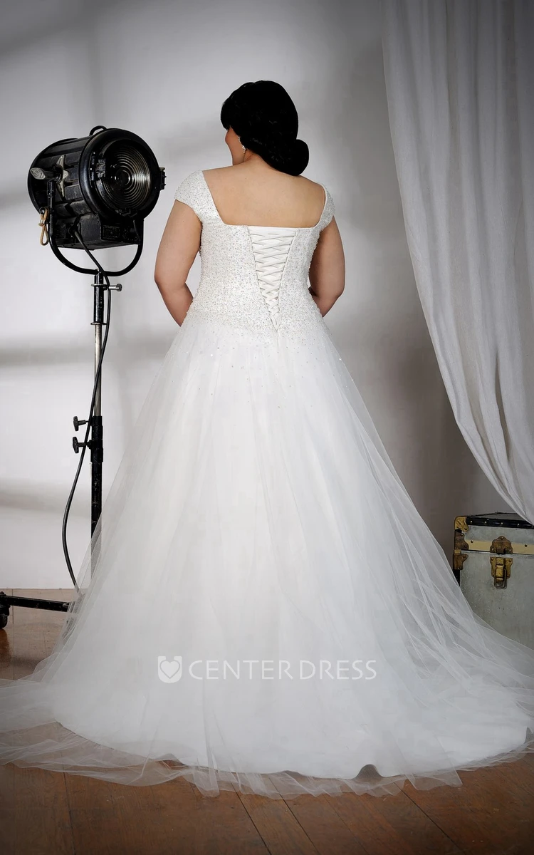 Square-Neck Caped-Sleeve A-Line Tulle Dress With Beaded Bodice