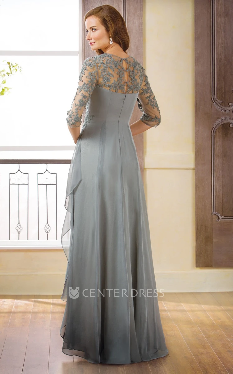 3-4 Sleeved Long Gown With Ruffle And Appliques