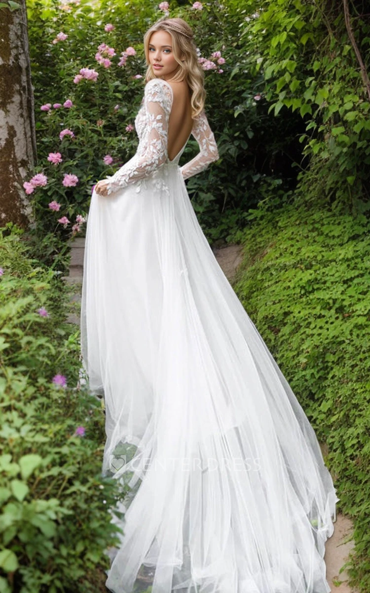 Ethereal Elegant Long Sleeve A-Line Plunging V-Neck Lace Appliques Tulle Wedding Dress Sexy Vintage Garden Floor-length Deep-V Back Bridal Gown with Train