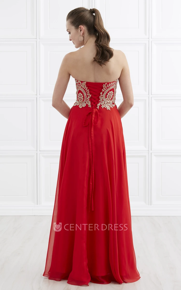 A-Line Sweetheart Sleeveless Chiffon Lace-Up Dress With Beading