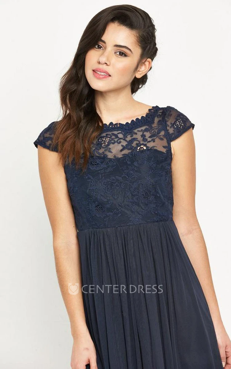Mini Cap Sleeve Bateau Neck Appliqued Tulle Bridesmaid Dress With Low-V Back