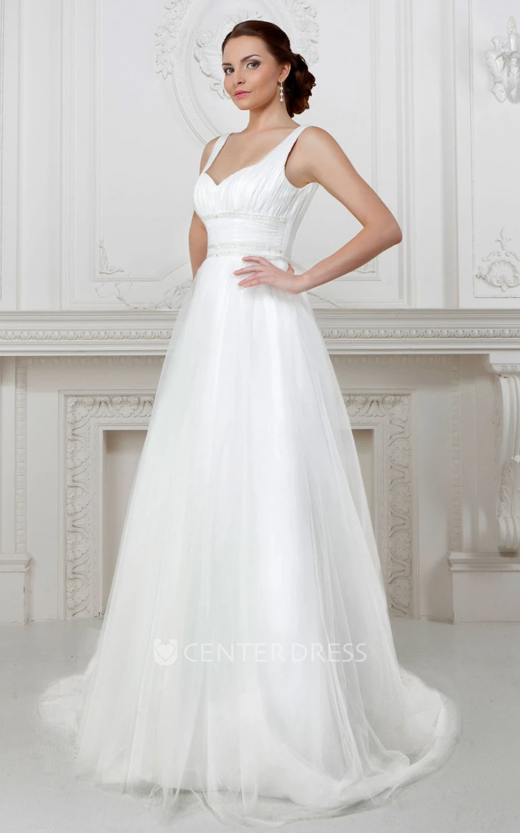 A-Line Floor-Length Ruched Sleeveless Strapped Tulle&Satin Wedding Dress With Beading