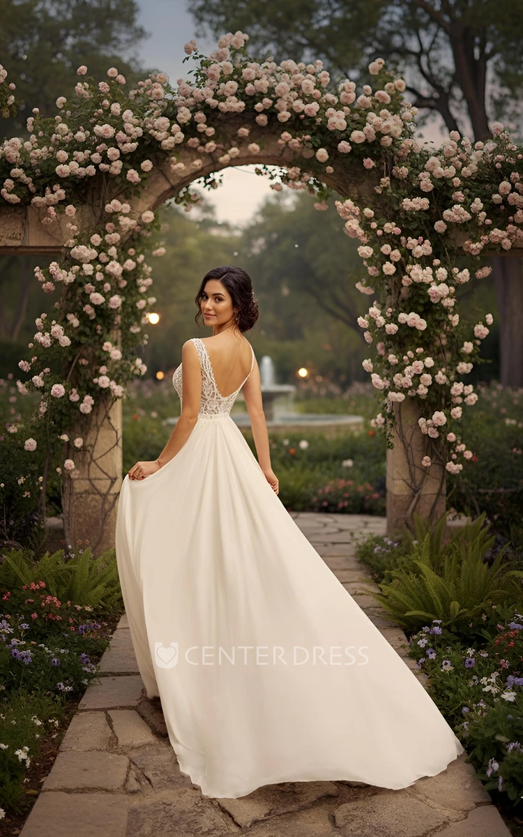 A-Line Bohemian Lace Wedding Dress Elegant V-Neck Sleeveless Bridal Gown