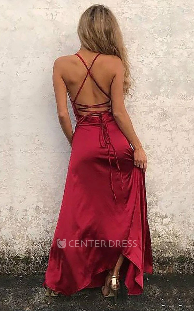 A Line Sleeveless Satin Sexy Cross Back Evening Dress with Ruching and Split Front