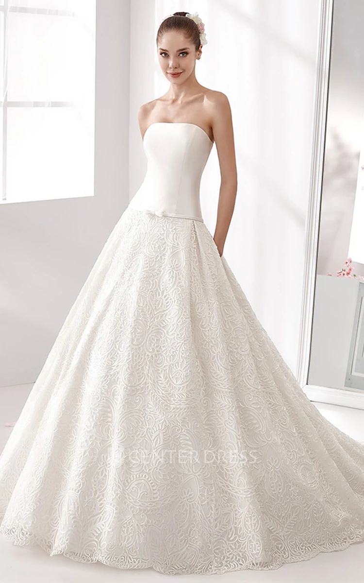 Strapless A-line Wedding Dress with Satin Bodice and Lace Skirt