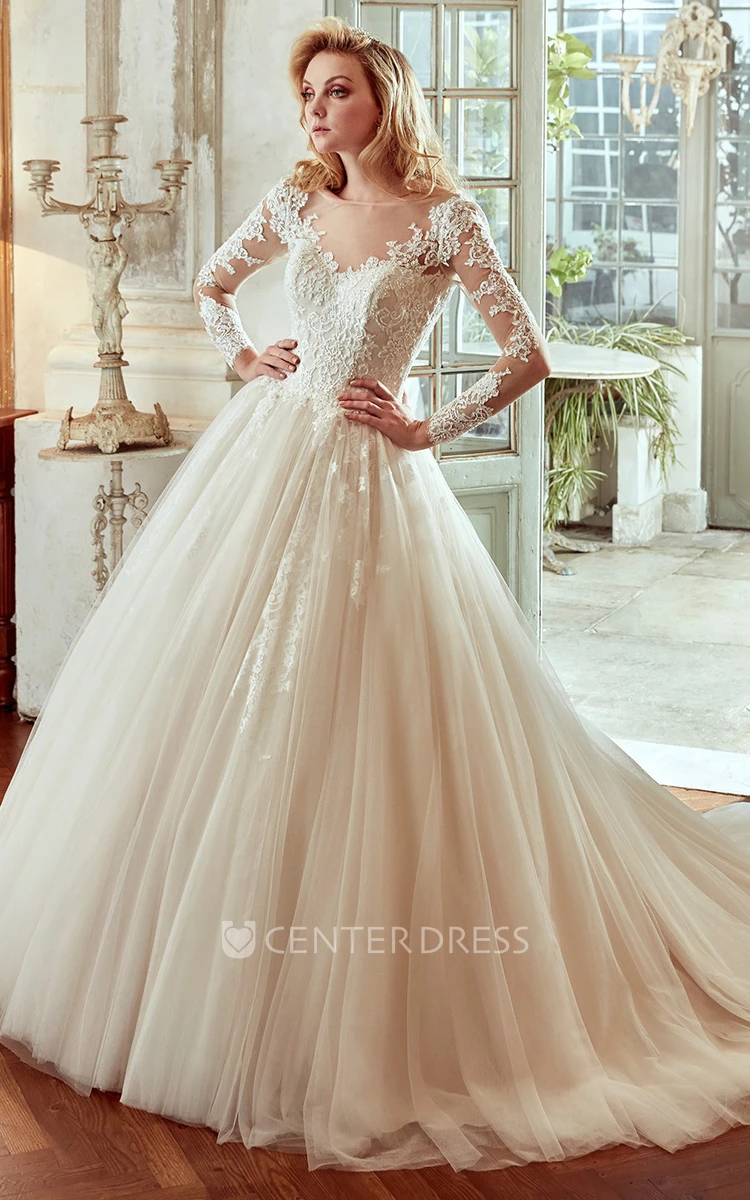 Long-Sleeve V-Neck Wedding Dress With Pleated Skirt And Open Back