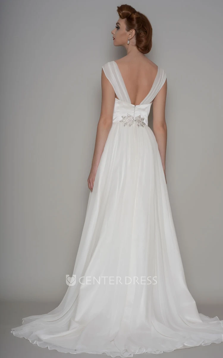 Cap-Sleeve Beaded V-Neck Floor-Length Organza Wedding Dress With Pleats