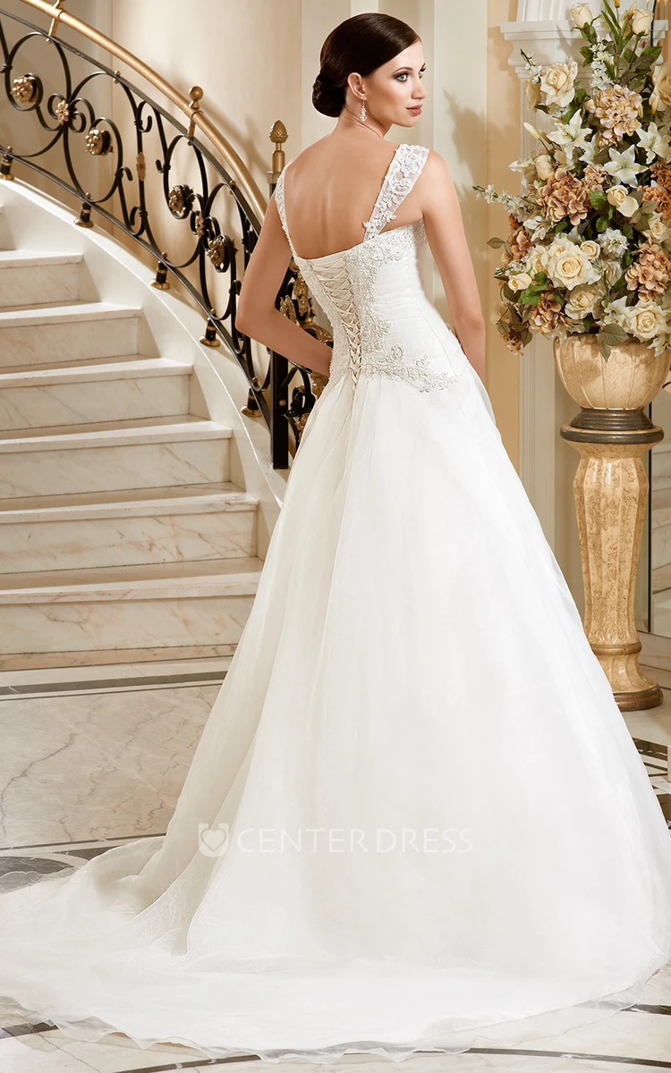 A-Line Sleeveless Floor-Length Appliqued Strapped Lace Wedding Dress With Side Draping