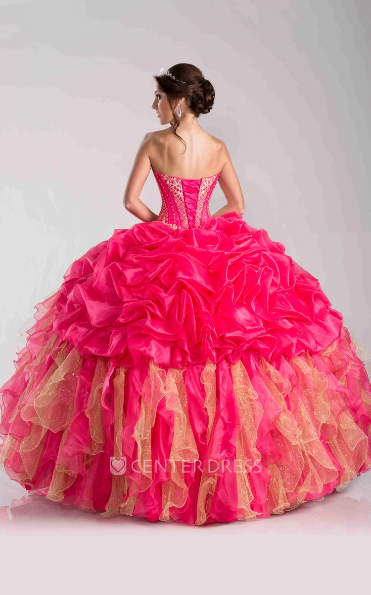 Beaded Sweetheart Ball Gown With Ruffles And Pick-Ups
