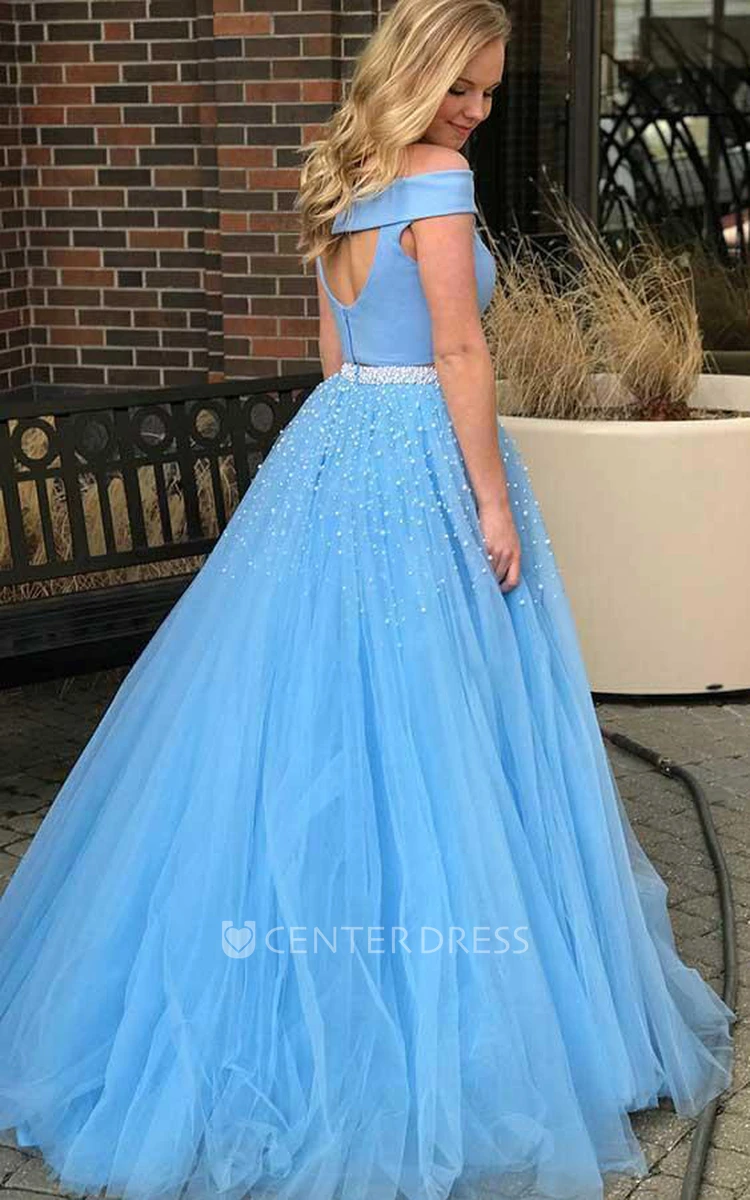 Off-the-shoulder Satin Tulle Sleeveless Floor-length Two Piece Prom Dress