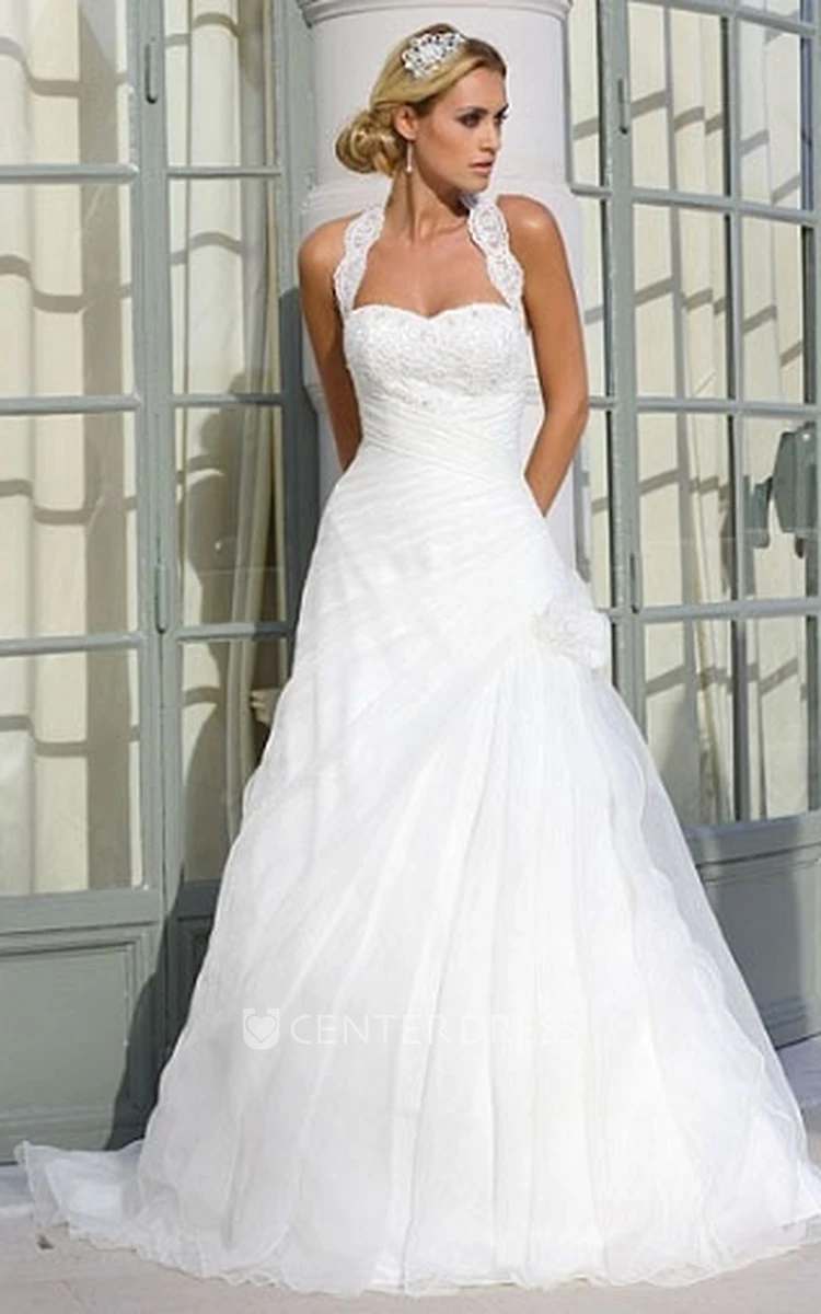 A-Line Halter Sleeveless Appliqued Floor-Length Tulle Wedding Dress With Flower And Draping