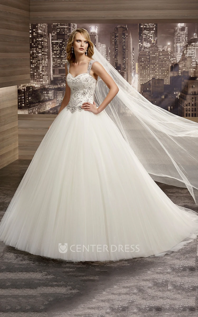 Square-neck A-line Wedding Dress with Beaded Corset and Puffy Skirt