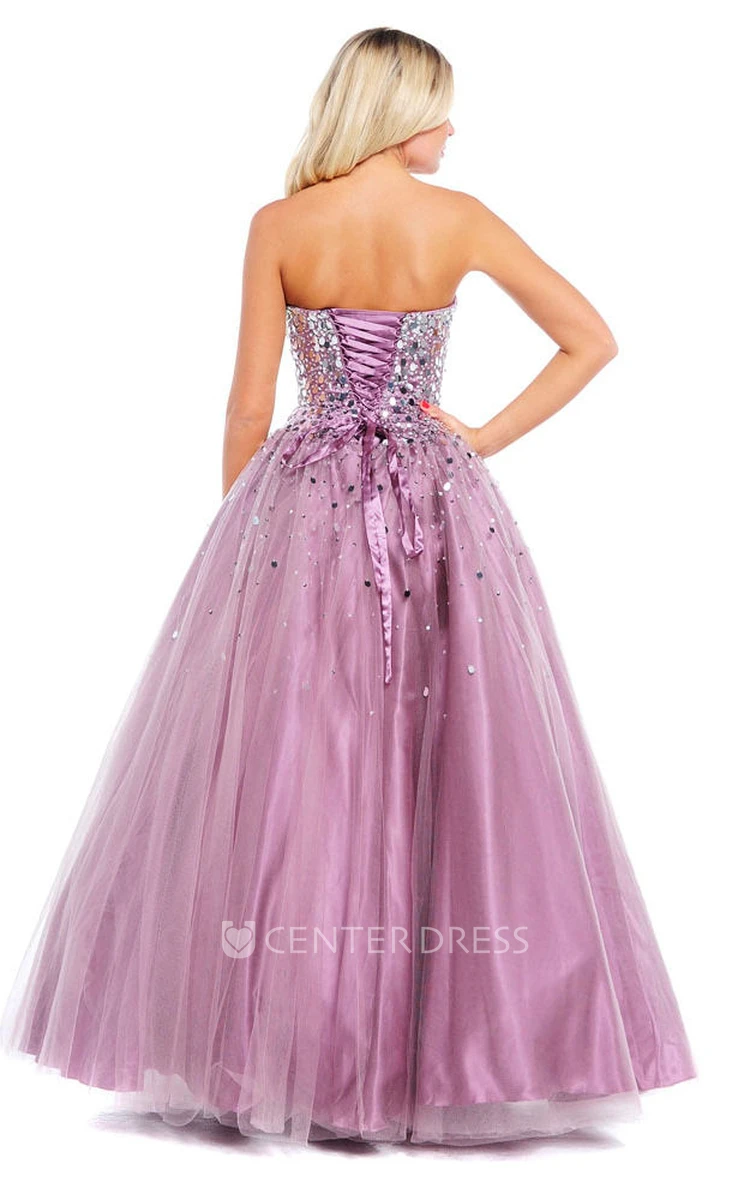 Ball Gown Strapless Sequined Tulle Prom Dress With Beading And Bow