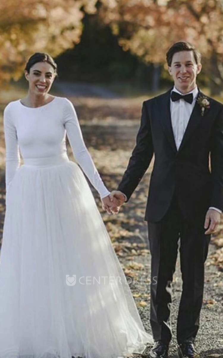 Elegant Fitted Modest Jersey Long Sleeve Tulle Bridal Gown