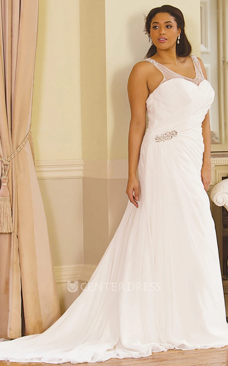 Sheath V-Neck Floor-Length Sleeveless Tulle Plus Size Wedding Dress With Criss Cross And V Back