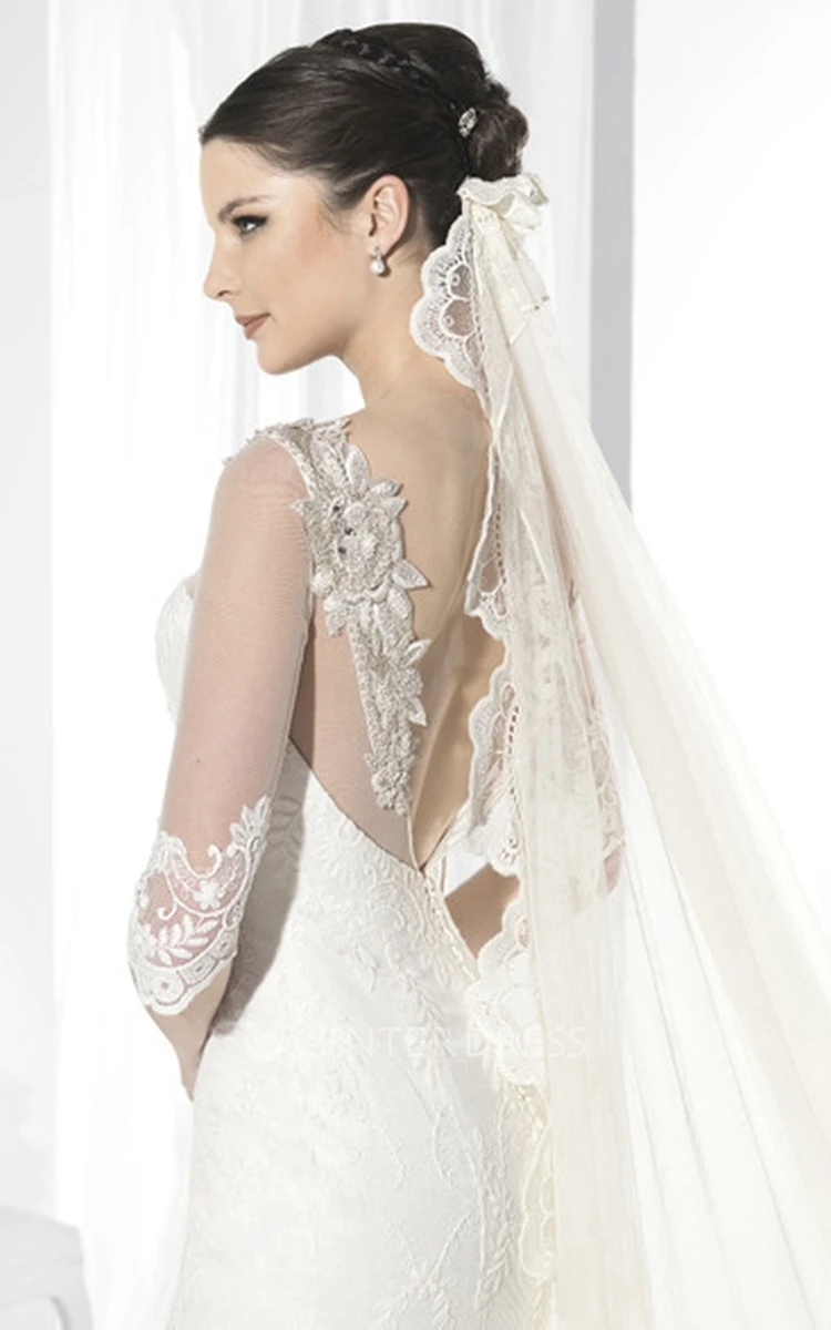 Scoop-Neck Long Half-Sleeve Lace Wedding Dress With Appliques And Deep-V Back