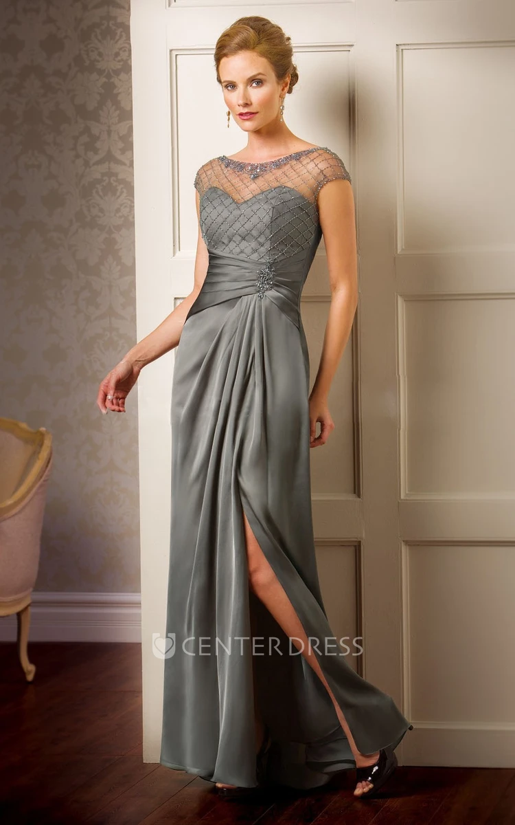 Cap-Sleeved Front Silted MOB Mother Of The Bride Dress With Keyhole Back