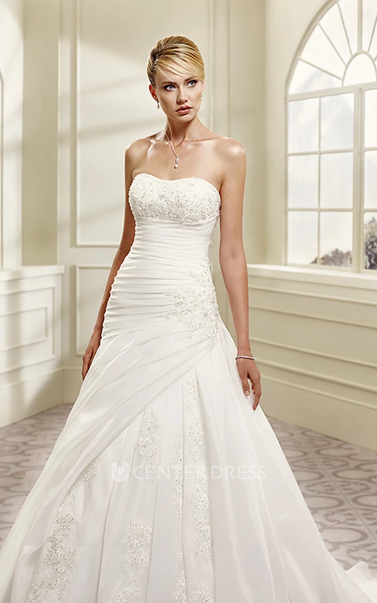 A-Line Strapless Ruched Organza&Lace Wedding Dress