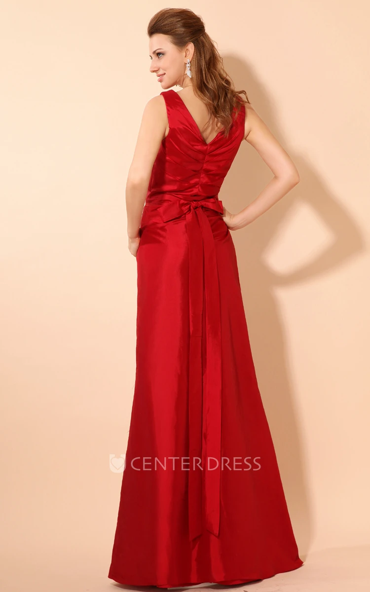 Sleeveless V-Neck Maxi Satin Formal Dress With Ruching And Belts