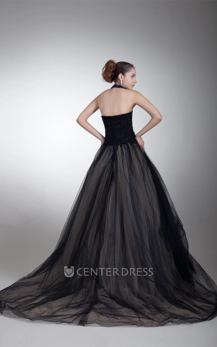 Plunged Halter Sleeveless Ball Gown Tulle Wedding Dress with Appliques