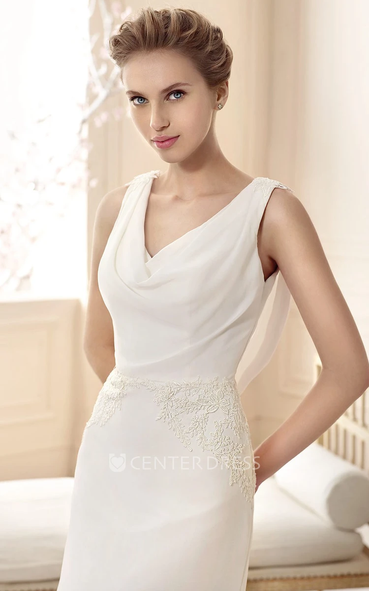 Sheath Cowl-Neck Floor-Length Appliqued Sleeveless Chiffon Wedding Dress