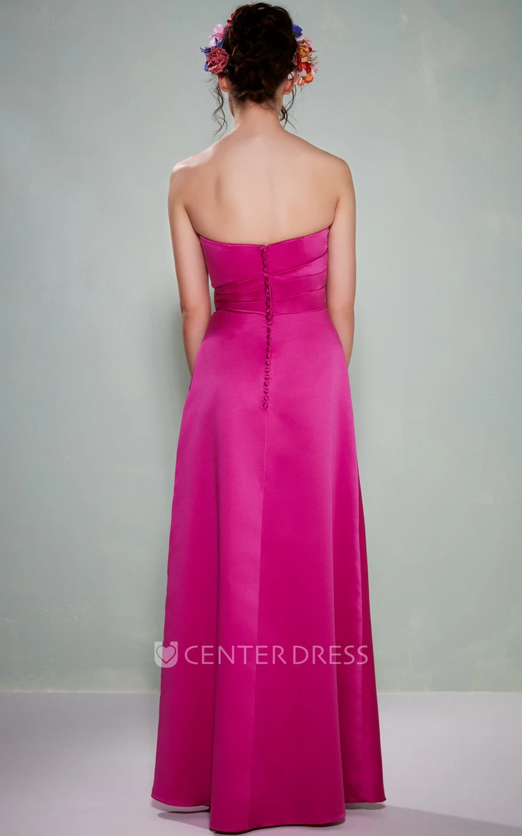 Floor-Length Ruched Strapless Satin Bridesmaid Dress With Waist Jewellery