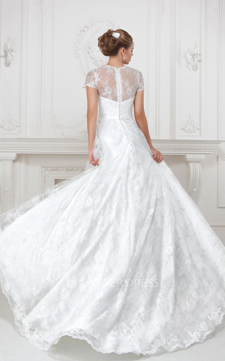 A-Line Floor-Length High-Neck Appliqued Short-Sleeve Lace&Satin Wedding Dress With Waist Jewellery