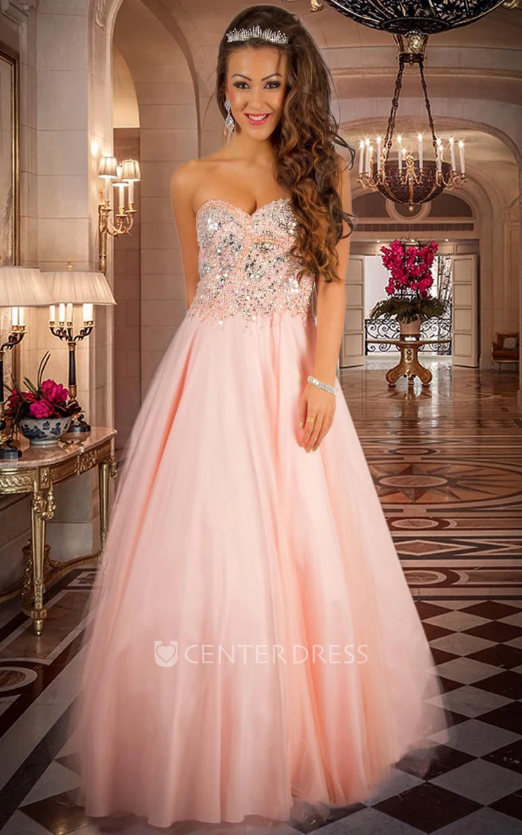 A-Line Sleeveless Sweetheart Floor-Length Beaded Tulle&Satin Prom Dress