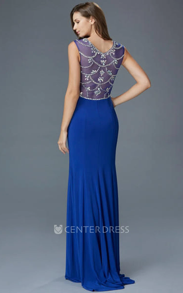 Sheath Scoop-Neck Sleeveless Jersey Illusion Dress With Beading And Split Front