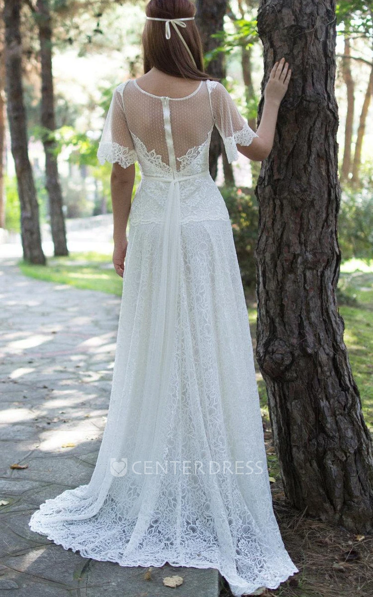 Jewel Short Bell Sleeve Lace Wedding Dress With Illusion Back And Sash