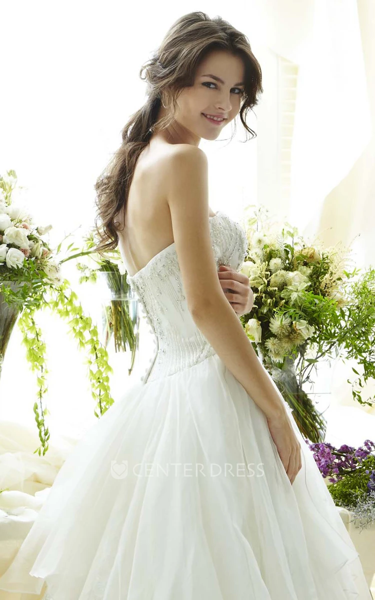 Strapless Floor-Length Beaded Appliqued Tulle Wedding Dress With Pleats And V Back