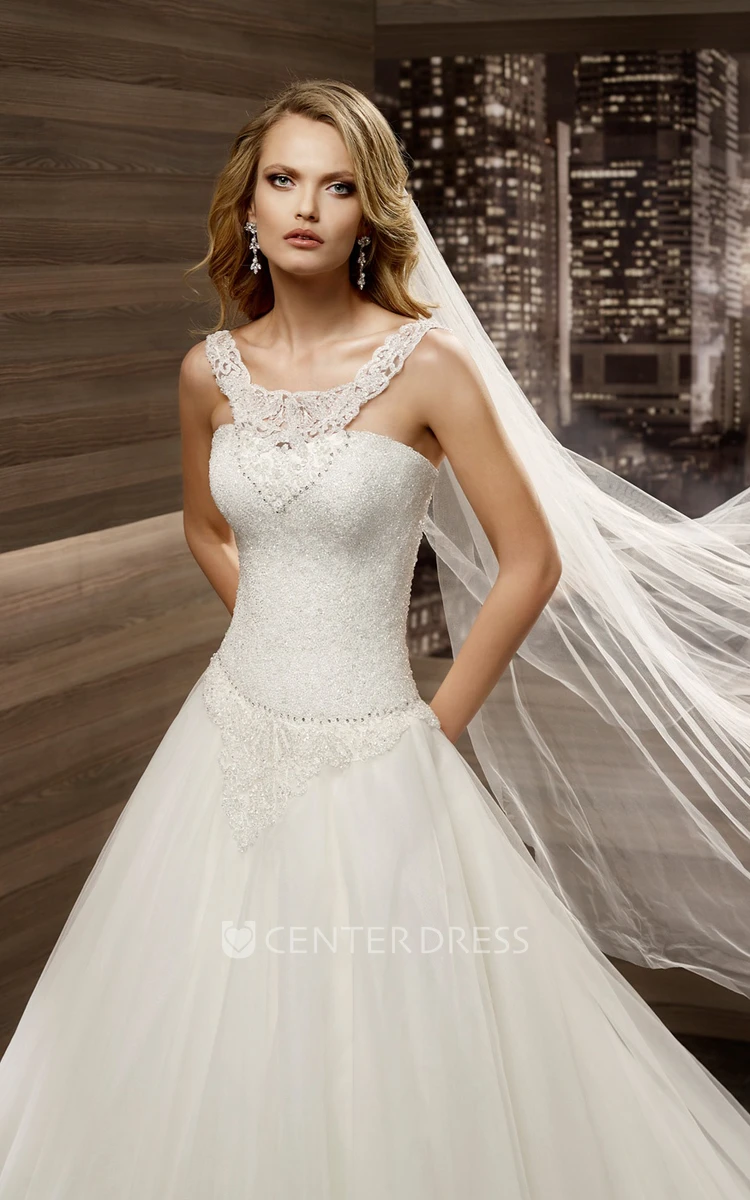Scooped-neck A-line Wedding Dress with Lace-up Back and Brush Train