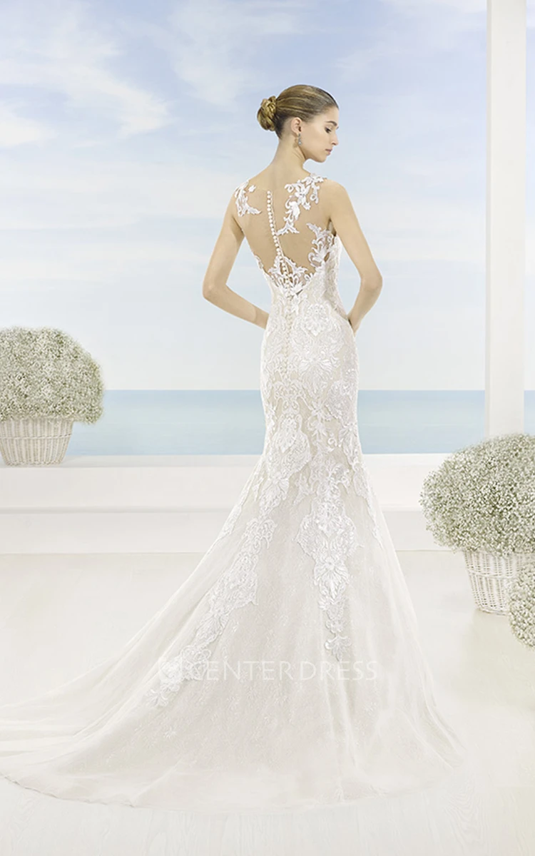 Mermaid Sleeveless Appliqued Floor-Length Bateau Lace Wedding Dress With Court Train And Illusion Back