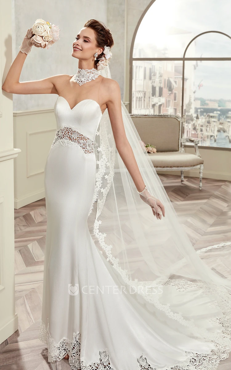 Sweetheart Sheath Satin Bridal Gown With Invert-V Beaded Belt And Unique Back Design
