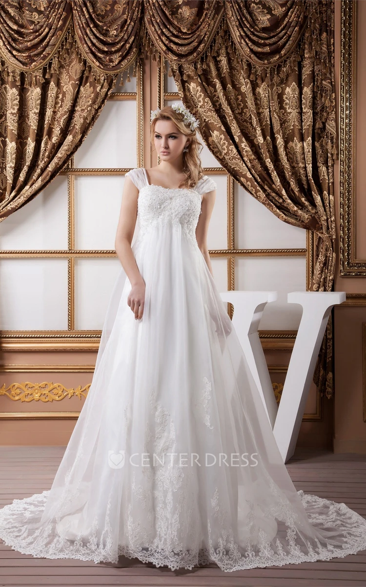 Cap-Sleeve Empire A-Line Tulle Lace Wedding Gown with Appliques and Beading