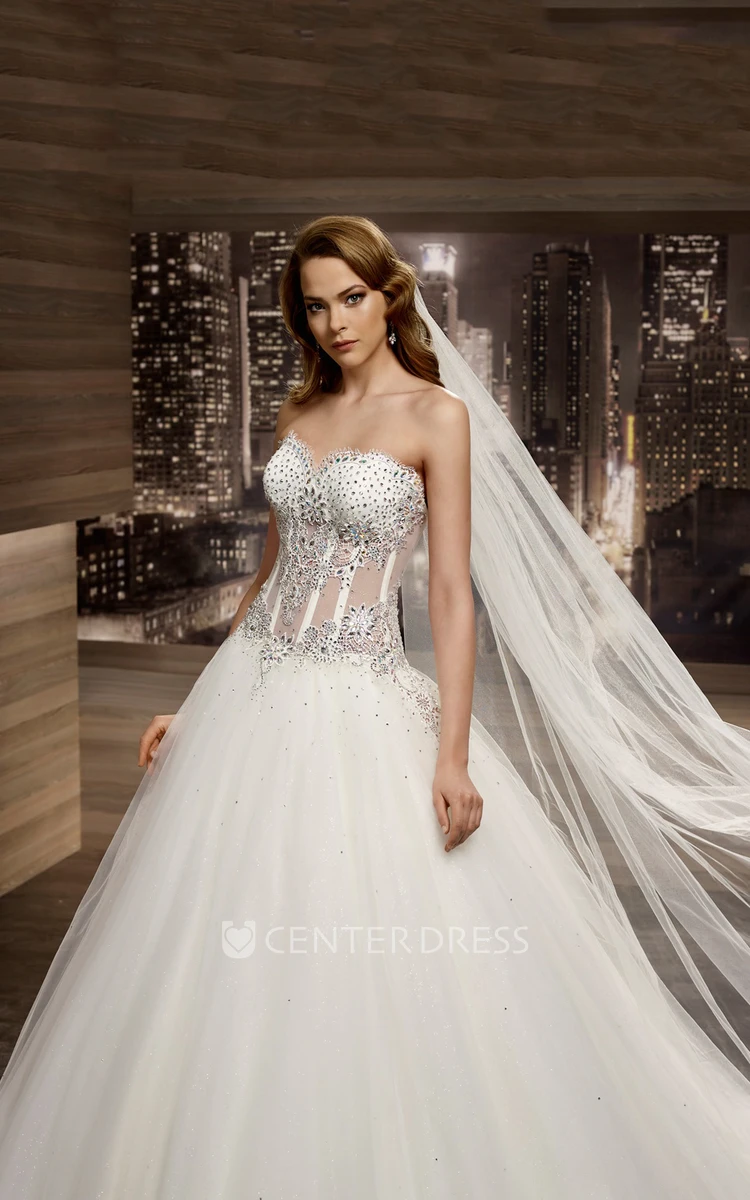 Sweetheart A-Line Bridal Gown With Beaded Embellishment And Brush Train