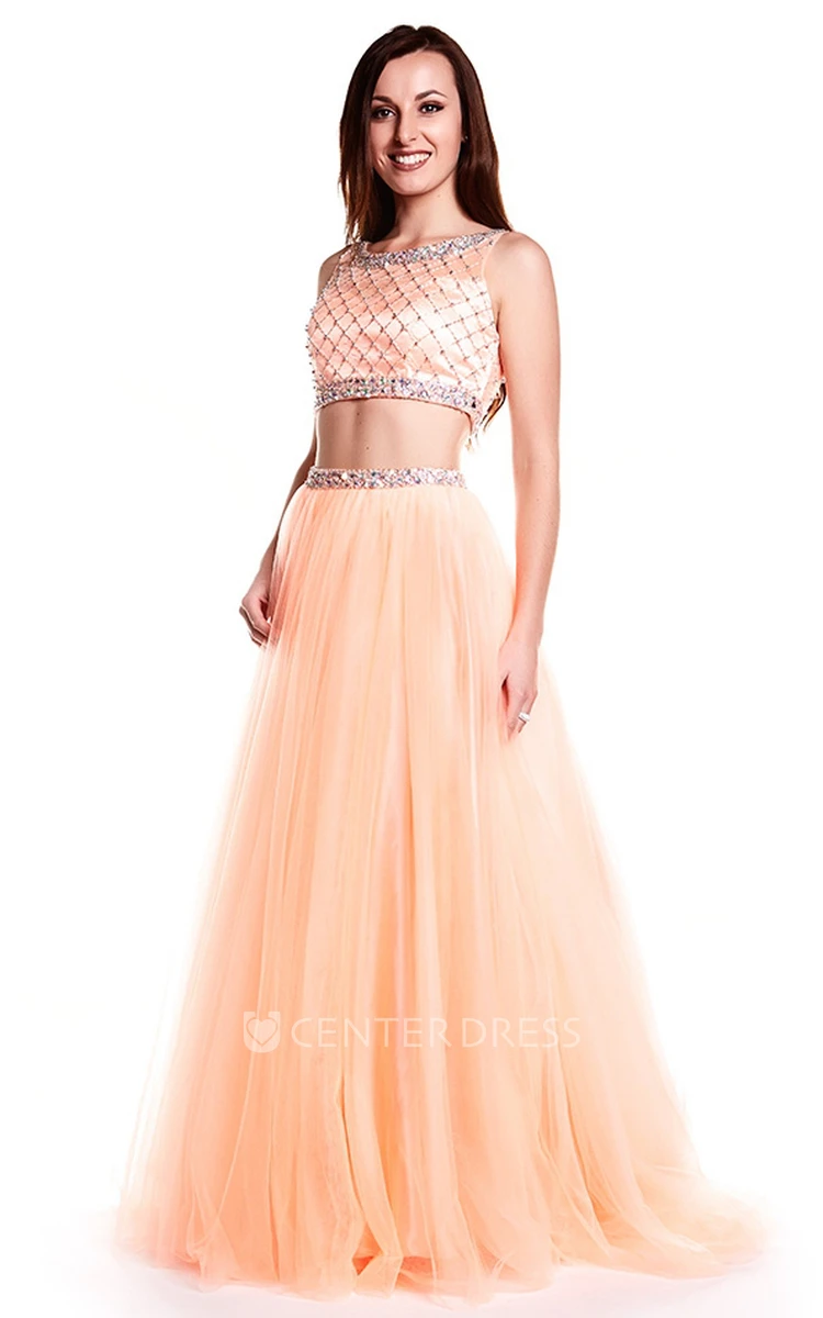 A-Line Scoop Neck Sleeveless Beaded Tulle Prom Dress With Illusion Back