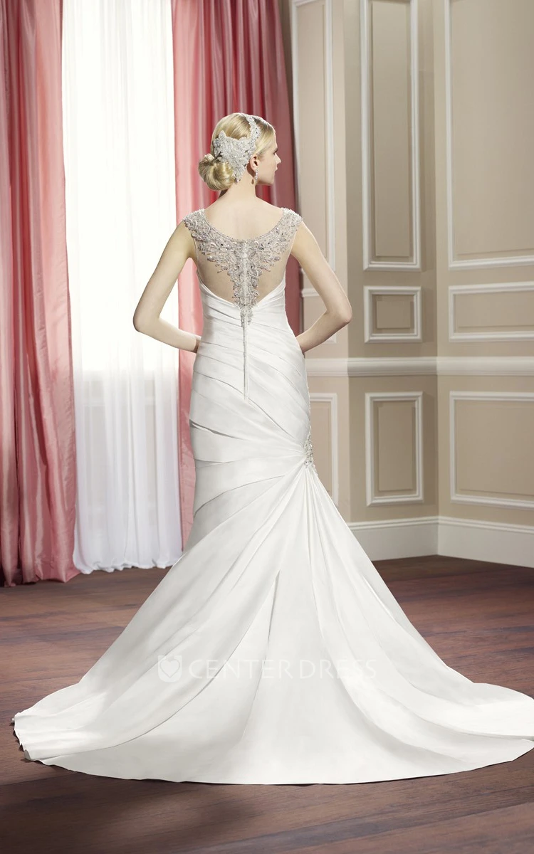 Sheath Floor-Length Sleeveless Bateau Beaded Satin Wedding Dress With Side Draping And Illusion Back