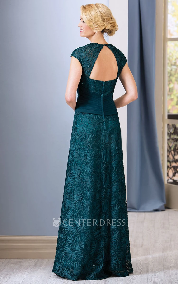 Cap-Sleeved Mother Of The Bride Dress With Crisscross Ruches And Keyhole Back