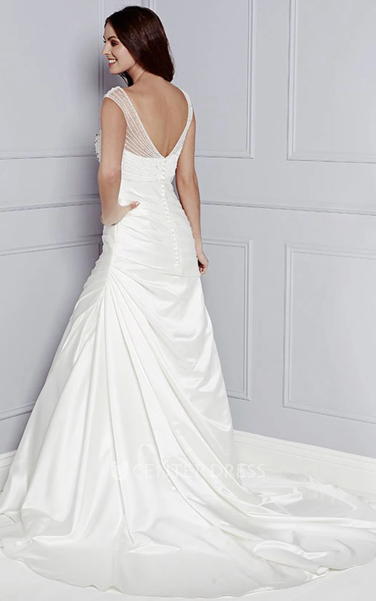 A-Line Cap-Sleeve Floor-Length Beaded V-Neck Taffeta Wedding Dress With Ruching And Side Draping