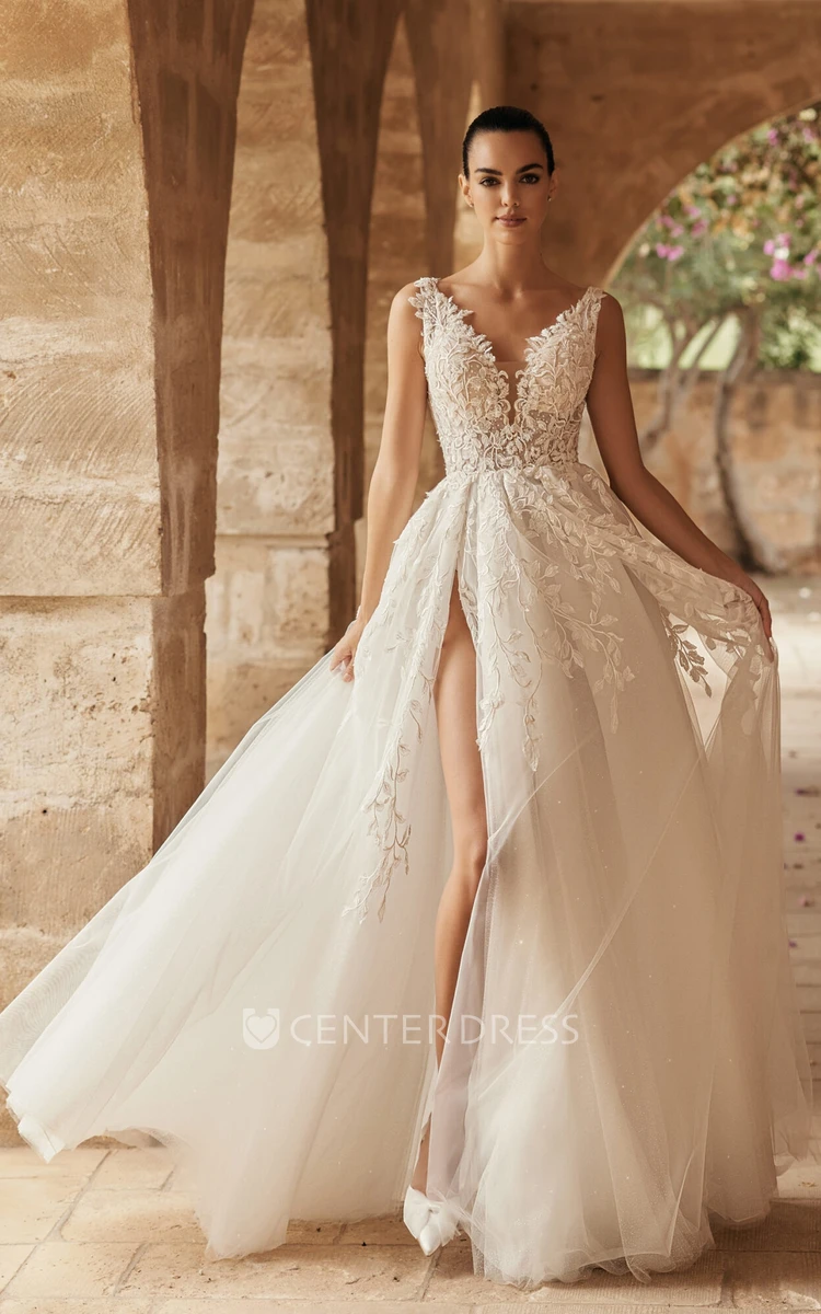 Elegant Garden Halter Style Applique Wedding Dresses Tulle Flowy