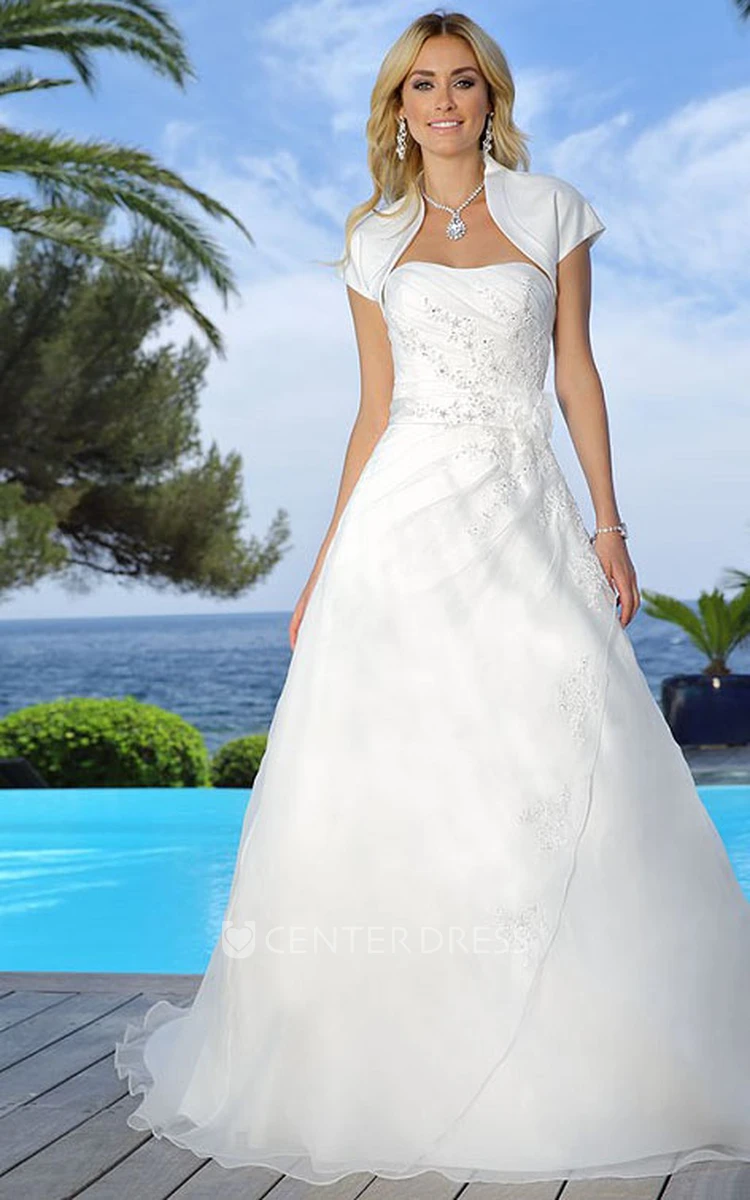 Strapless Floor-Length Appliqued Draped Satin Wedding Dress With Flower And Cape