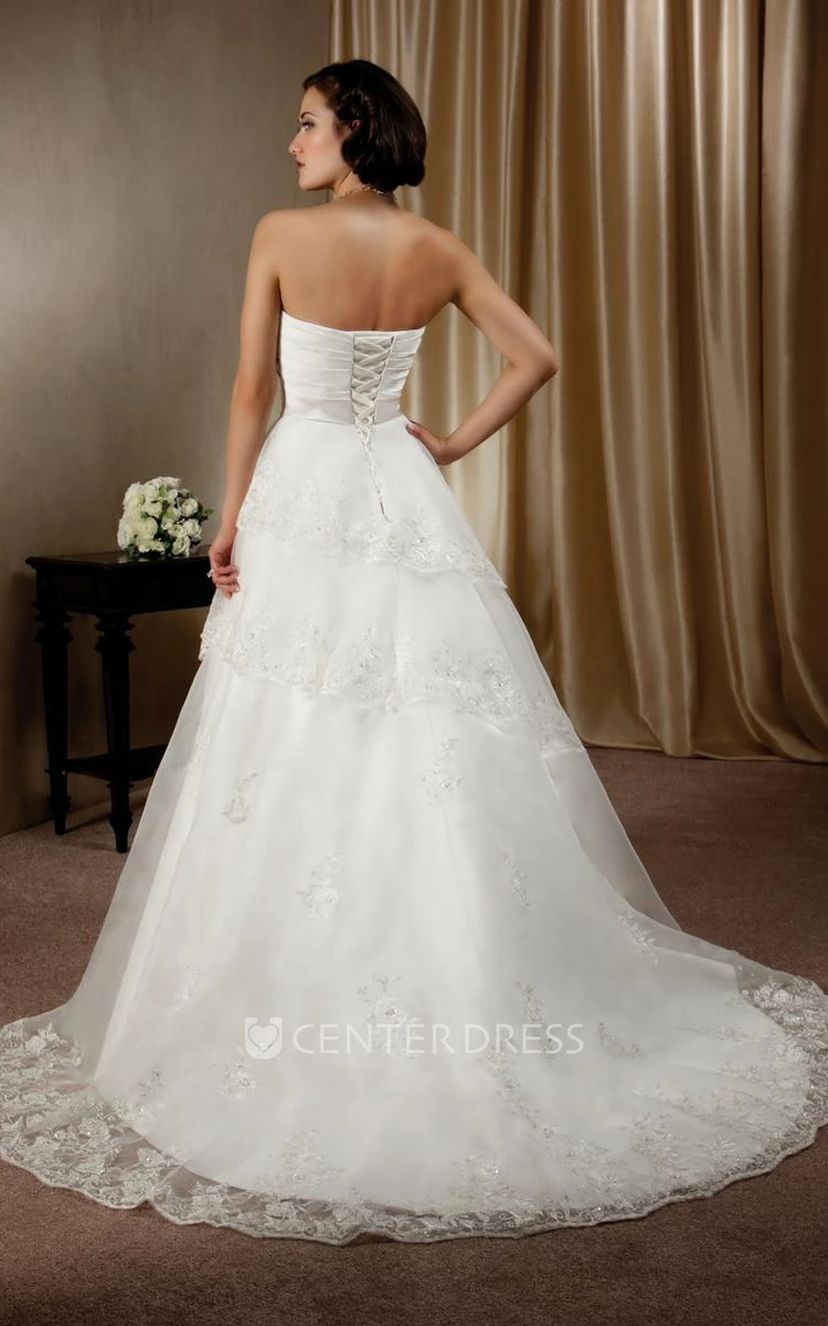 A-Line Floor-Length Sweetheart Criss-Cross Satin Wedding Dress With Tiers And Waist Jewellery