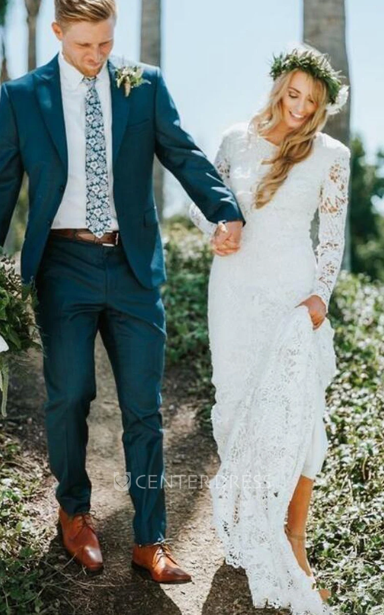 Sheath Long Sleeve Jewel Court Train Lace Simple Ethereal Wedding Dress